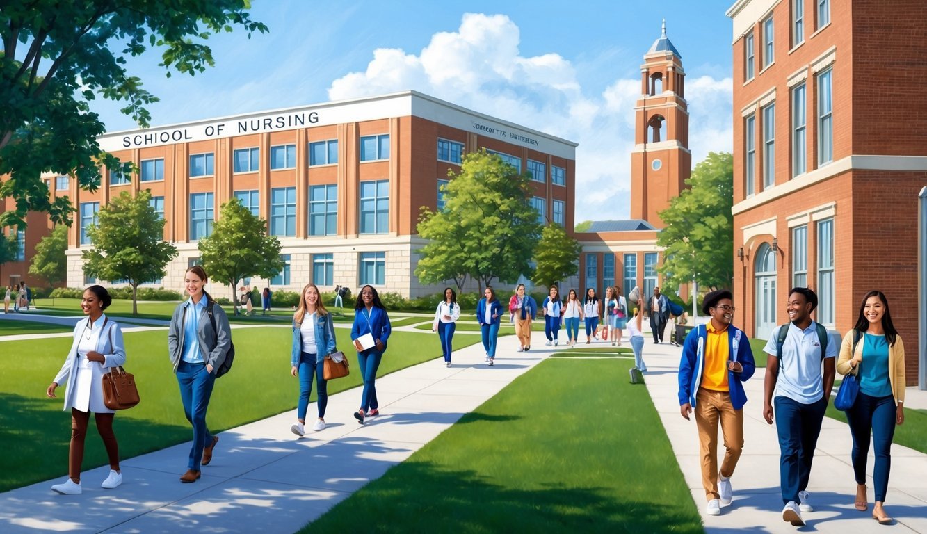 A bustling campus scene with the School of Nursing building in the background, students walking to and from classes, and the university's iconic bell tower in the distance