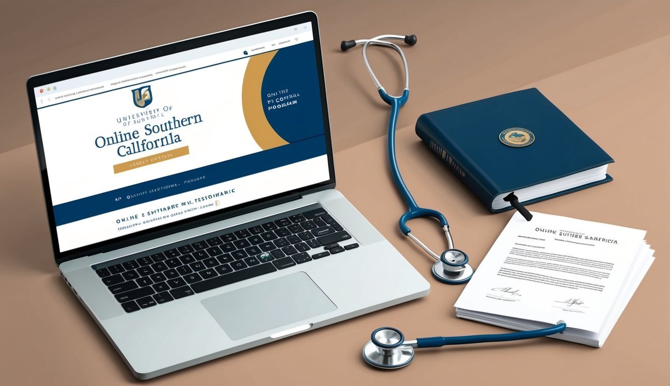 A laptop displaying the University of Southern California's online NP program website, with a diploma and stethoscope nearby