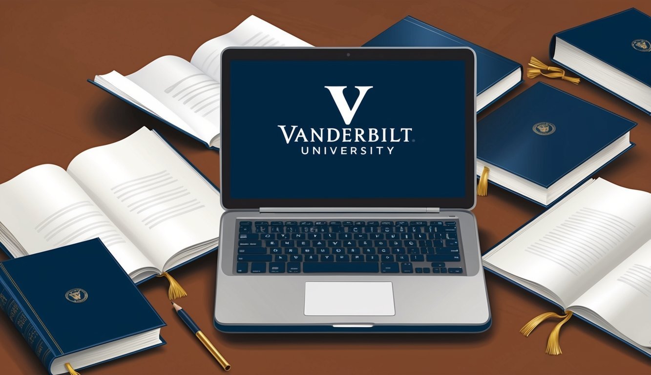 A laptop with Vanderbilt University's logo displayed, surrounded by open books and a diploma
