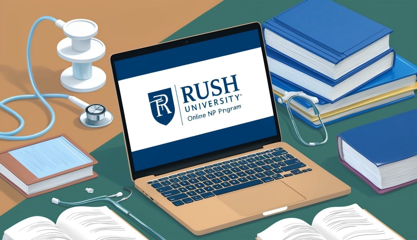 A laptop displaying Rush University's online NP program, surrounded by books and medical equipment