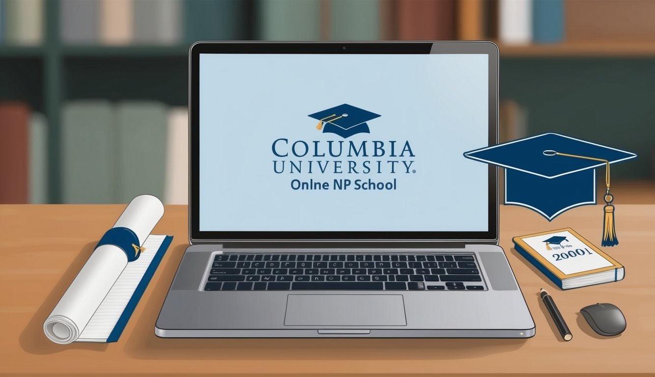 A laptop displaying Columbia University's online NP school program with a graduation cap and diploma symbol
