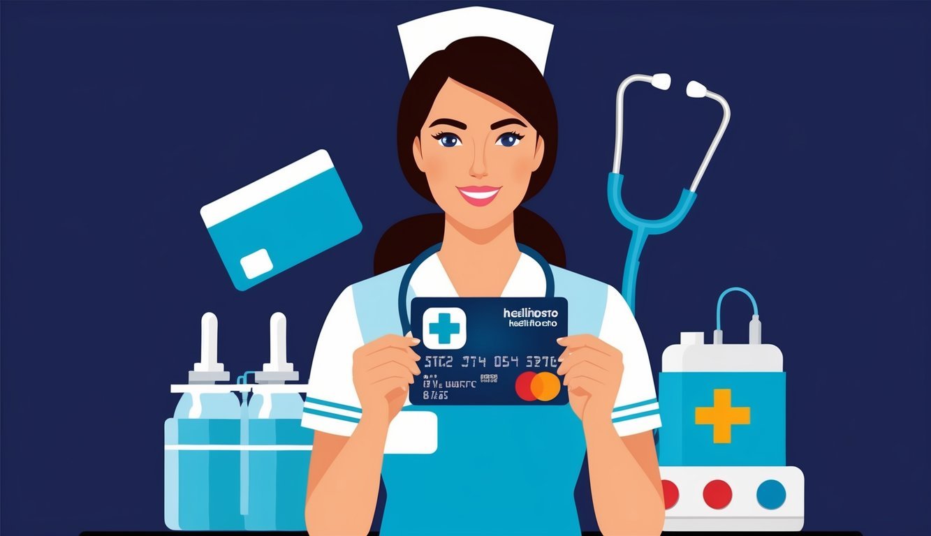 A nurse holding a credit card with a healthcare symbol, surrounded by medical equipment and a stethoscope