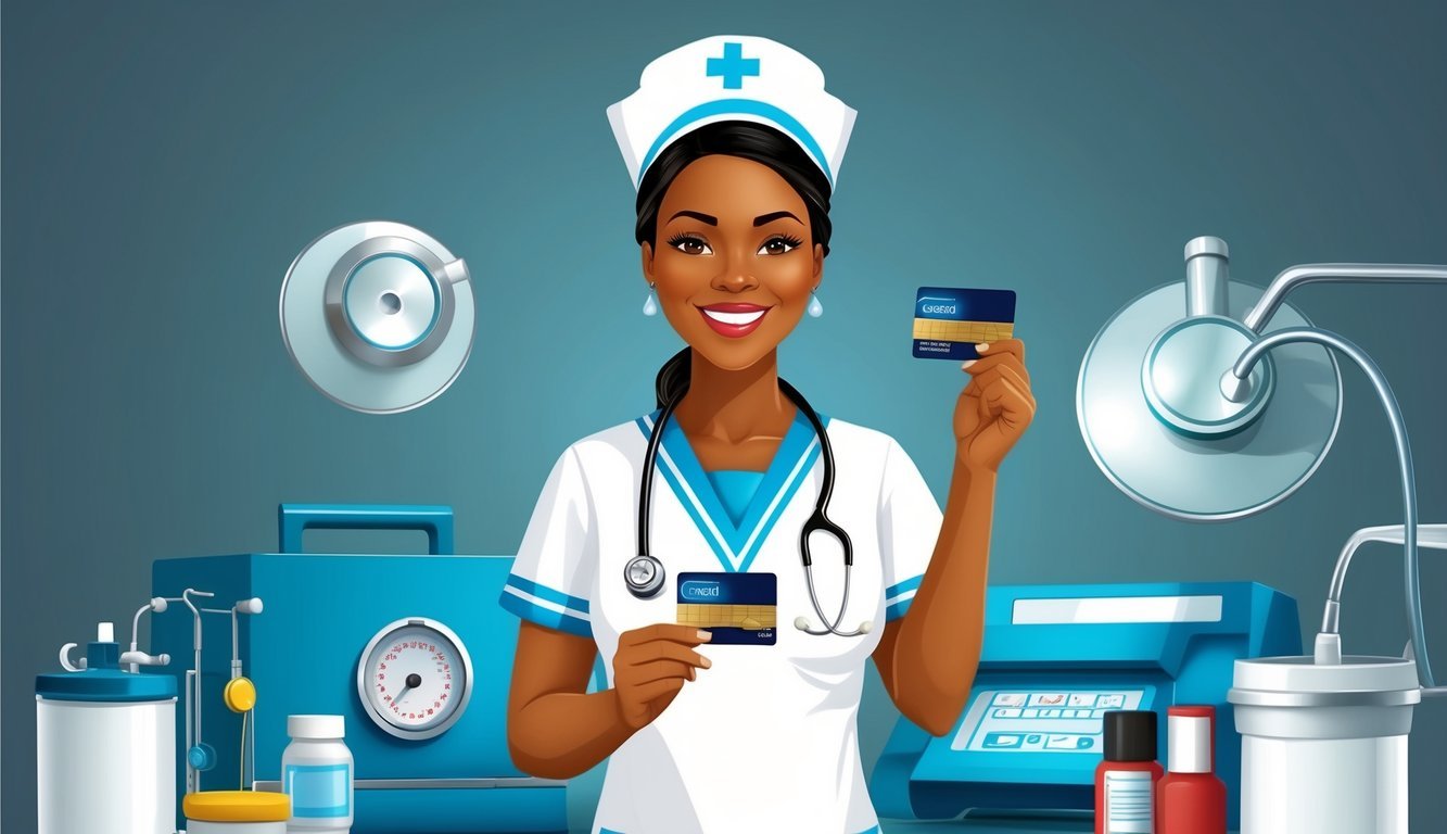 A smiling nurse holding a credit card, surrounded by medical equipment and a stethoscope