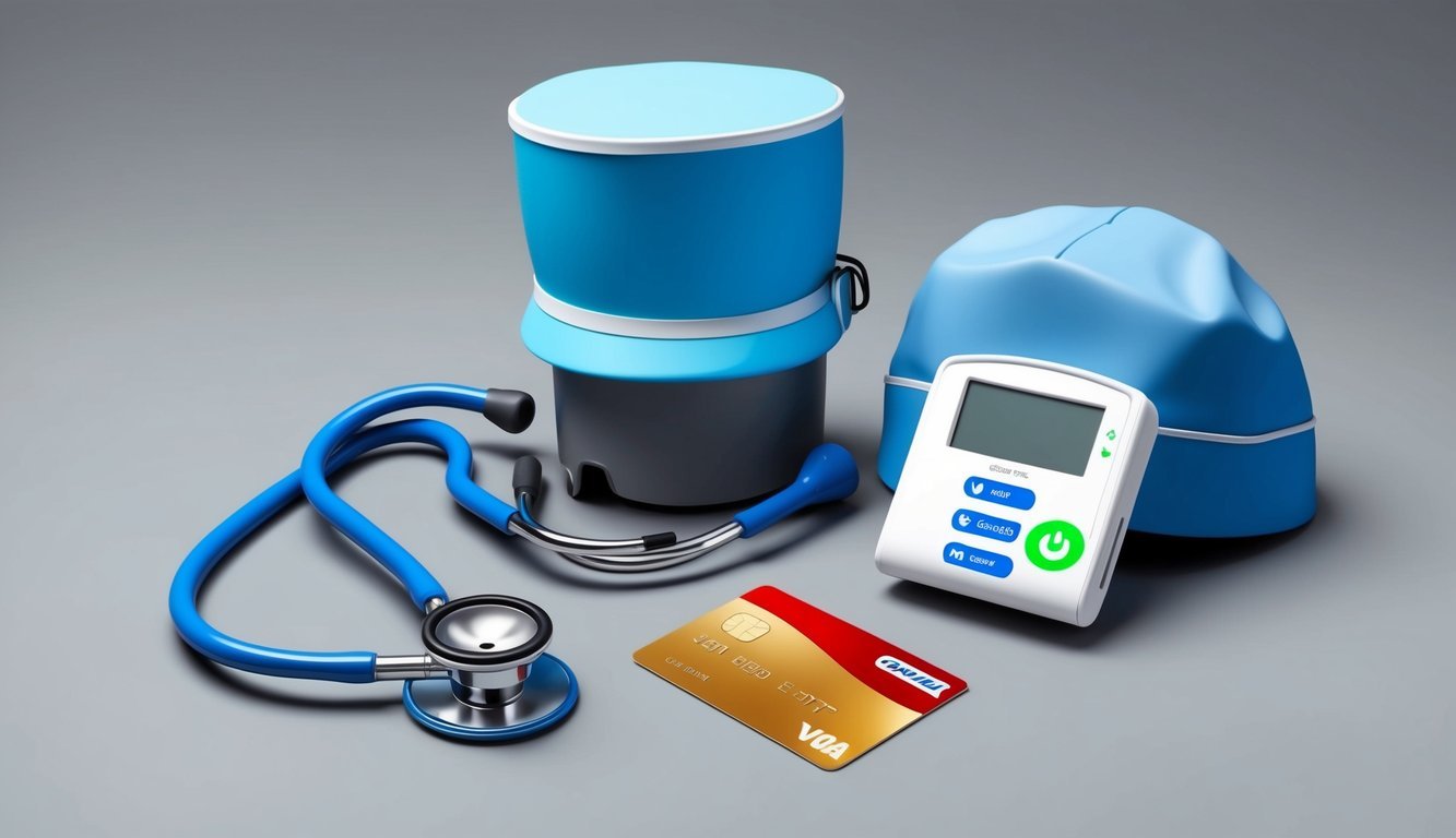 A stethoscope and a heart rate monitor placed next to a nurse's cap and a credit card