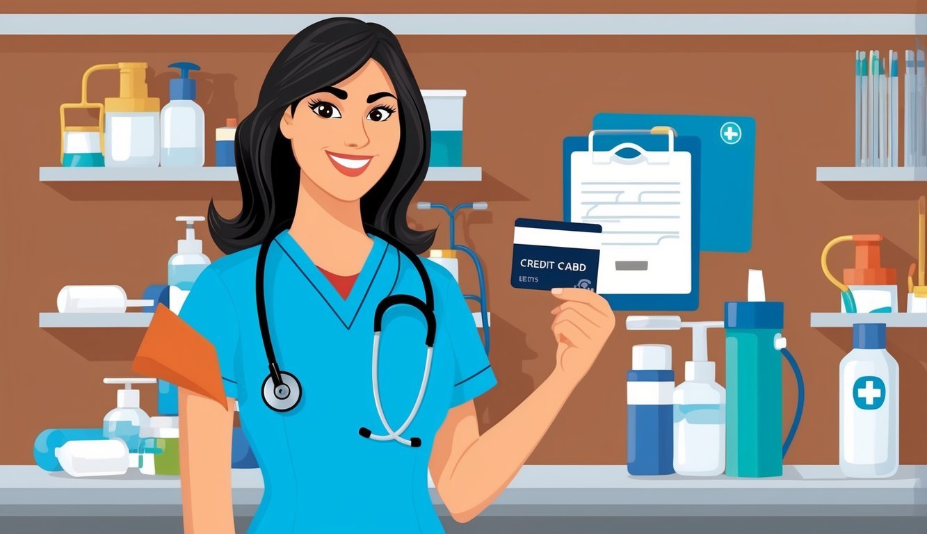 A nursing student holding a credit card with a stethoscope and medical supplies in the background