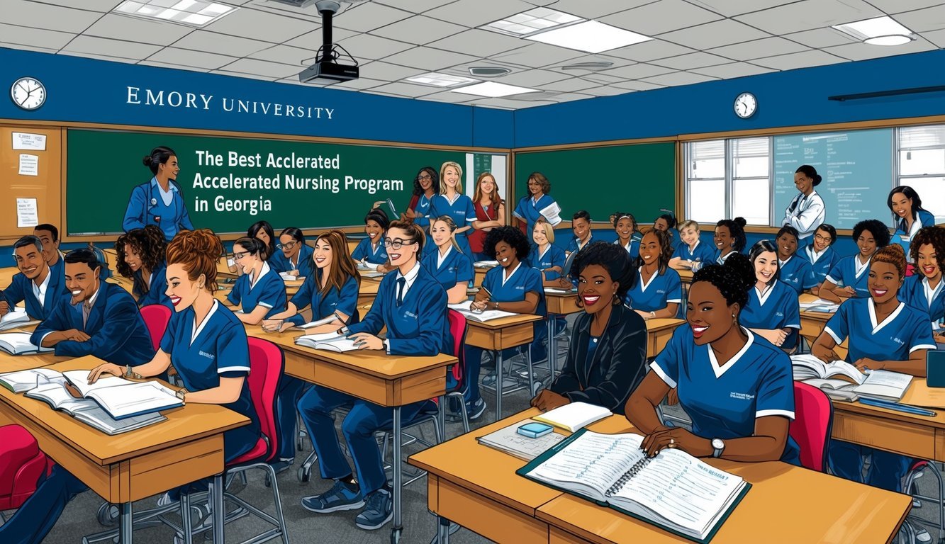 A bustling classroom at Emory University's nursing school, filled with eager students and knowledgeable instructors, all focused on the best accelerated nursing program in Georgia