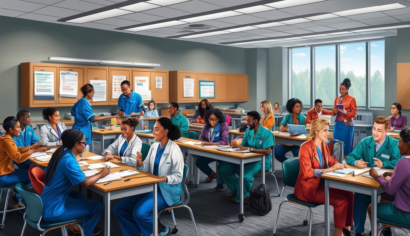 A bustling classroom at Augusta University - College of Nursing, with students engaged in hands-on learning and interactive discussions