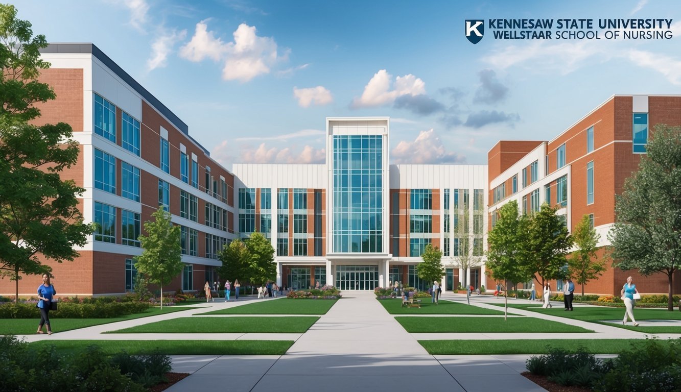 A bustling campus with modern buildings and greenery, showcasing the prestigious Kennesaw State University - WellStar School of Nursing