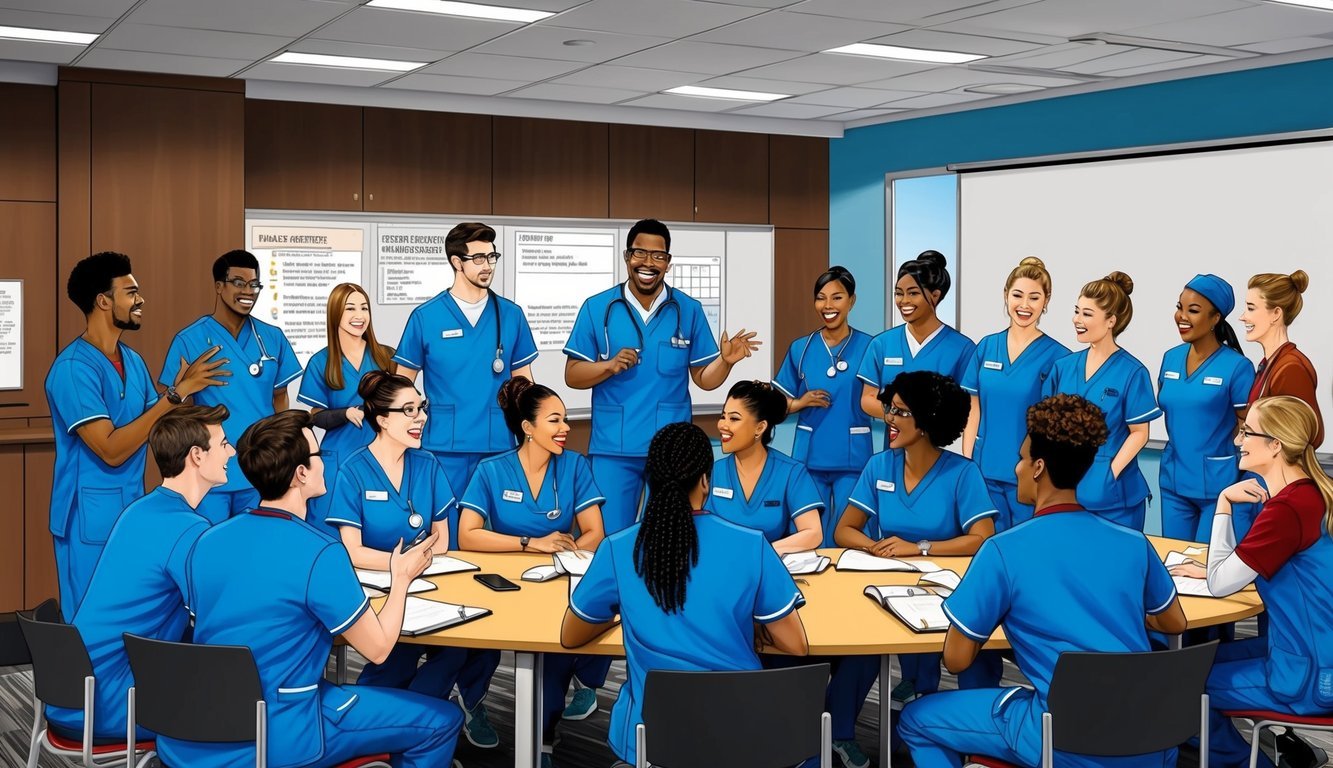 A group of students in nursing scrubs gather in a modern classroom at Georgia Southern University, engaged in a lively discussion with their instructor
