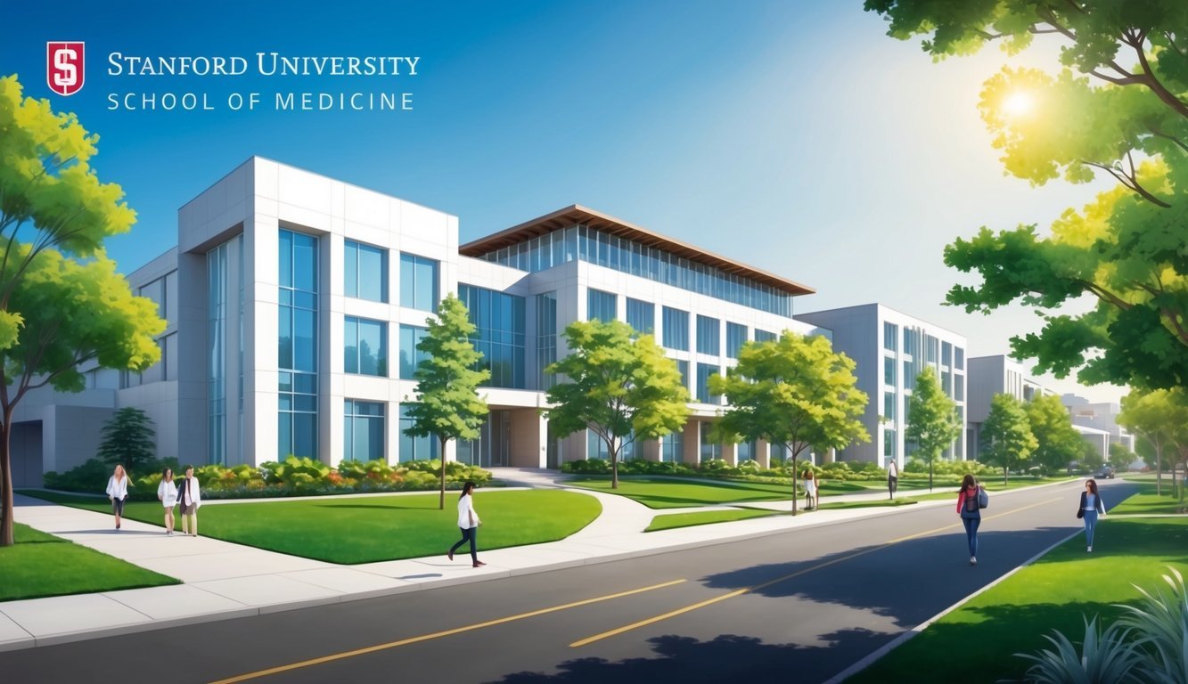A sunny campus with modern buildings and lush greenery, featuring the Stanford University School of Medicine as one of the best PA schools in California