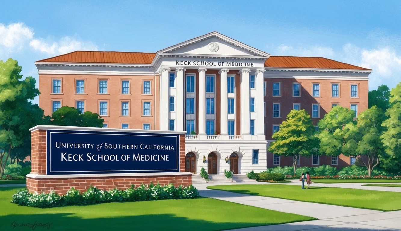 A stately building with the University of Southern California Keck School of Medicine sign displayed prominently.</p><p>Lush greenery surrounds the campus under a clear blue sky
