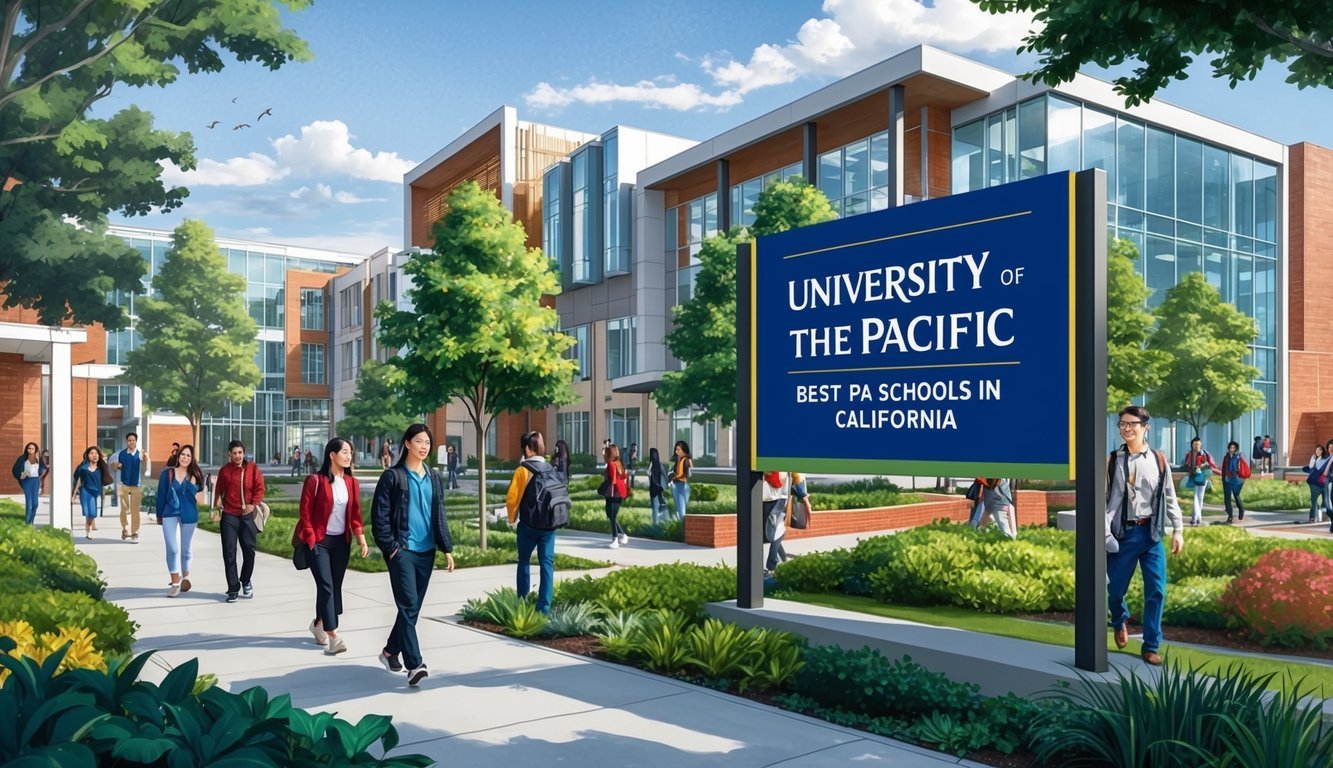 A bustling campus with modern buildings and greenery, students walking to and from classes, and a prominent sign reading "University of the Pacific - Best PA Schools in California."