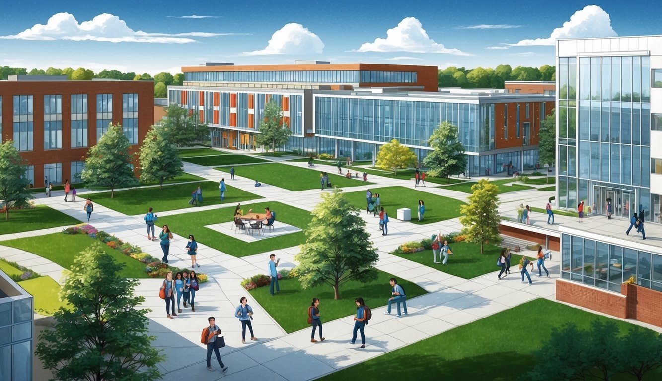 A bustling campus with modern buildings and green spaces, students engaged in learning and collaboration