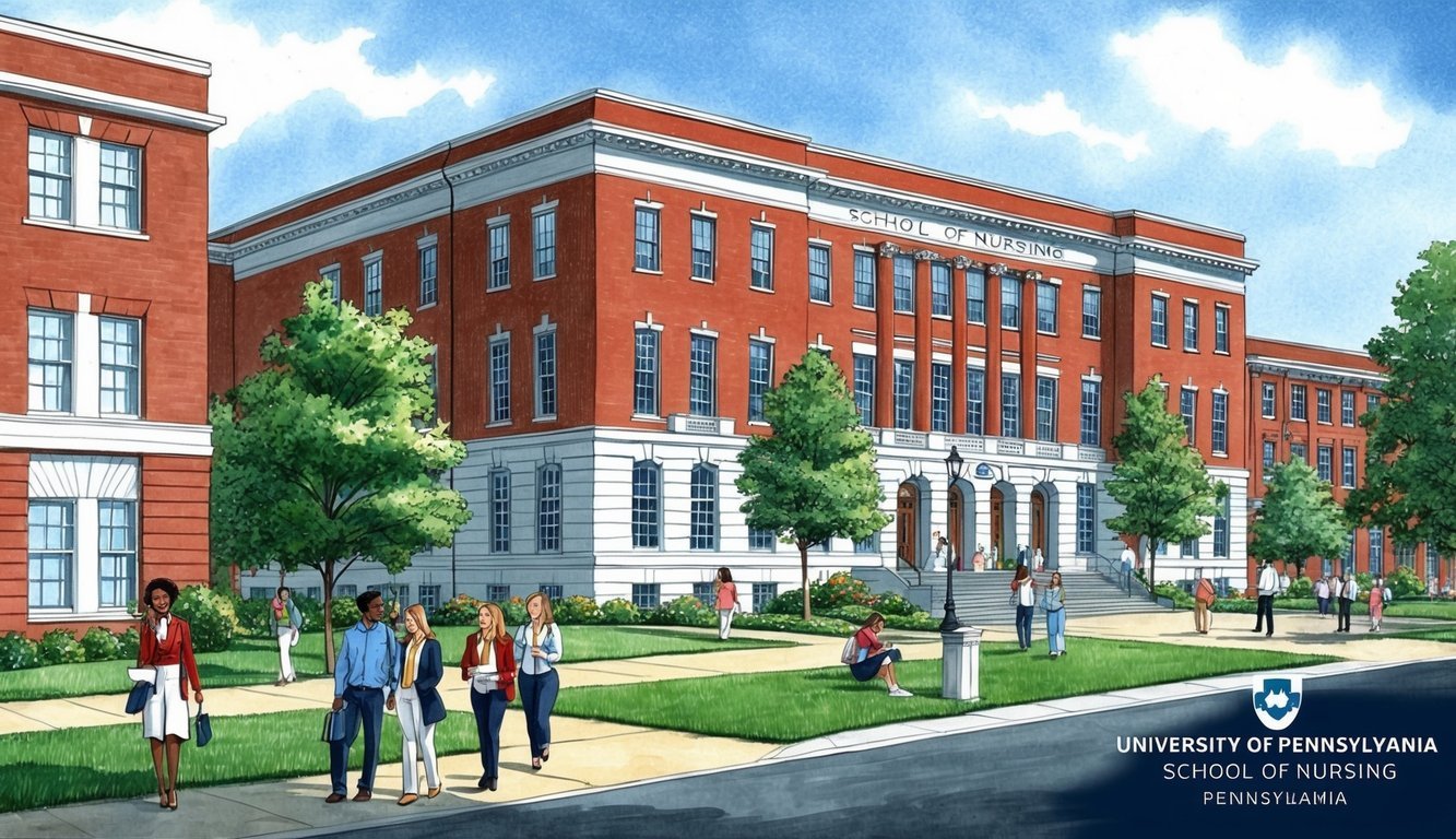 A bustling campus scene with the iconic red brick buildings of the University of Pennsylvania School of Nursing in Pennsylvania