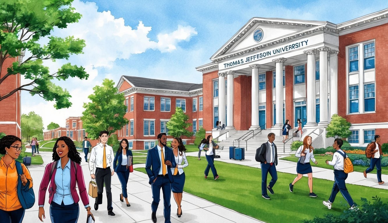 A bustling campus scene with a prominent building labeled "Thomas Jefferson University College of Nursing." Students and faculty moving about
