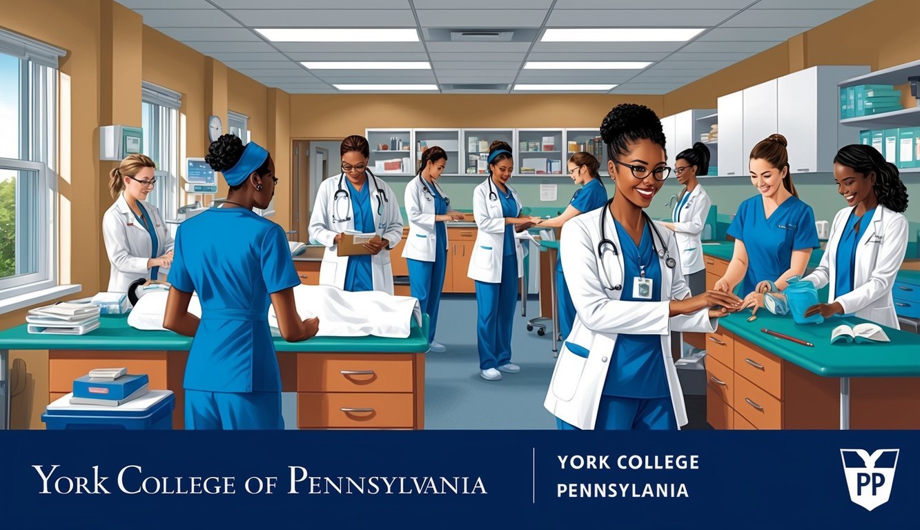 A bustling nursing department at York College of Pennsylvania, with students engaged in hands-on learning and faculty providing guidance