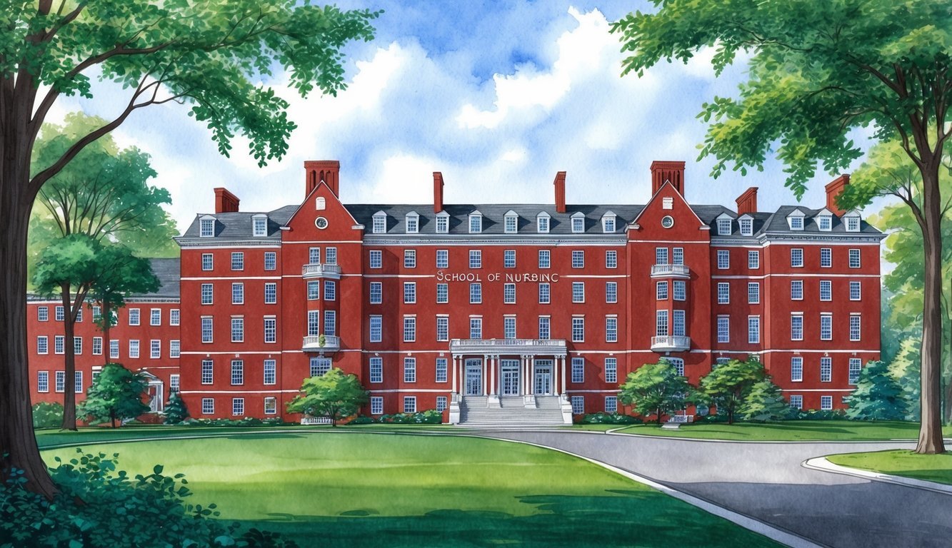 The iconic red-brick buildings of Harvard University School of Nursing, nestled among lush green trees in Massachusetts