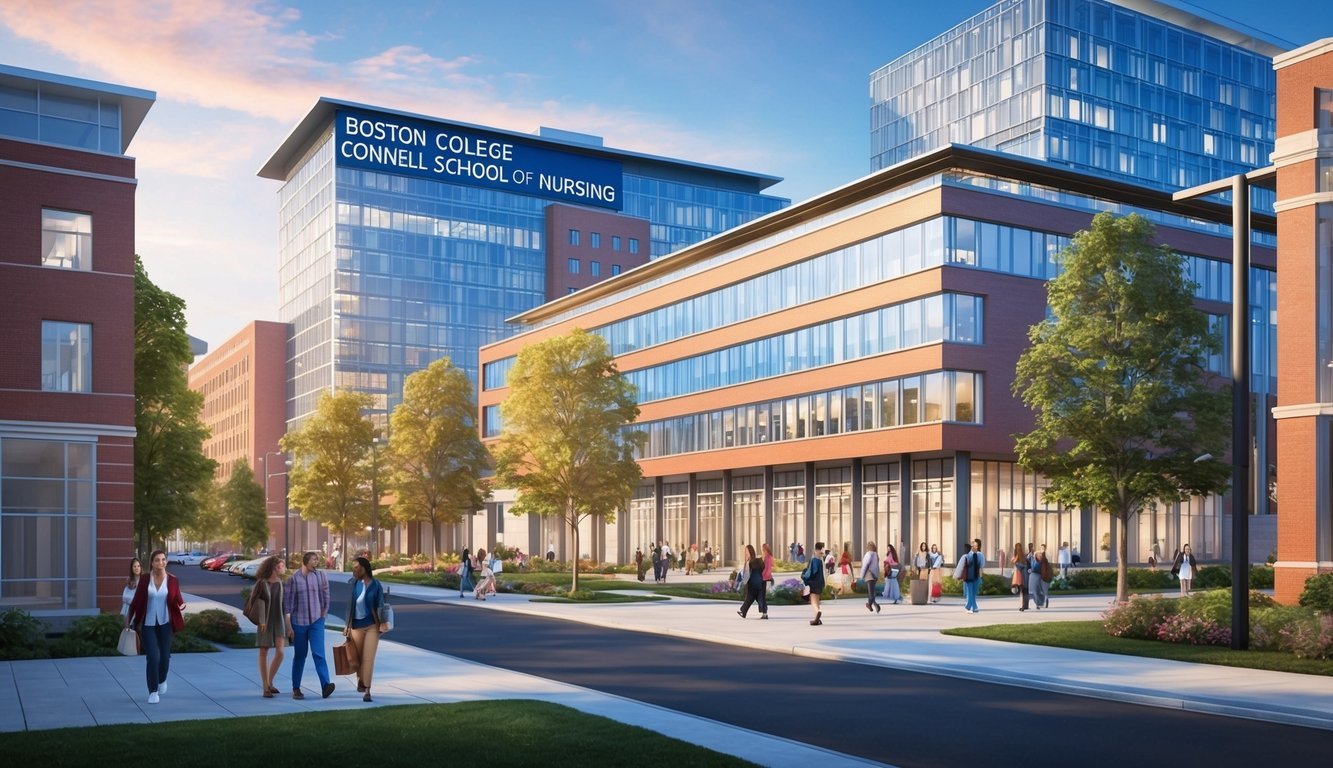 A bustling campus with modern buildings and a prominent sign reading "Boston College Connell School of Nursing."