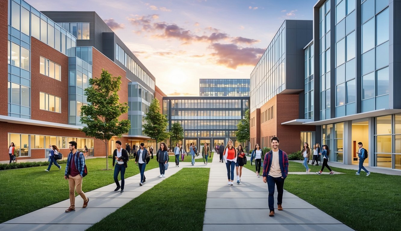 A bustling campus scene with modern buildings and students walking between classes