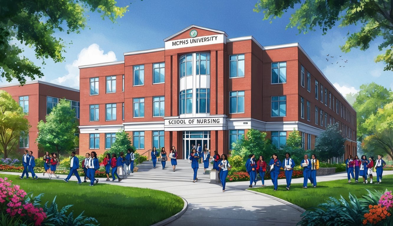 The MCPHS University School of Nursing building stands tall and proud, surrounded by lush greenery and vibrant flowers, with students bustling in and out