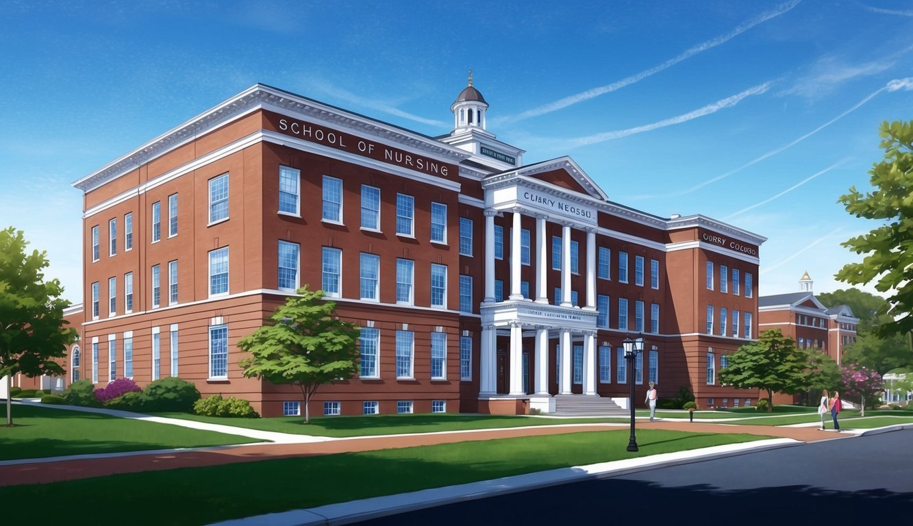 The Curry College School of Nursing building stands proudly on a lush campus in Massachusetts, with a clear blue sky overhead