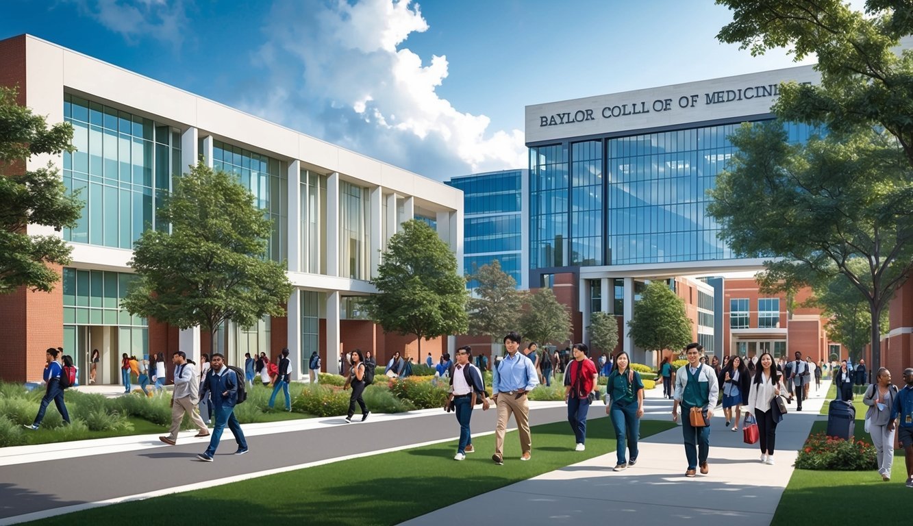 A bustling campus with modern buildings and greenery, students walking to and from classes, and a prominent sign displaying "Baylor College of Medicine."