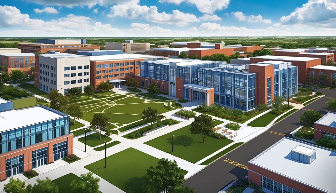 A bustling campus with modern buildings and green spaces at University of Texas Rio Grande Valley