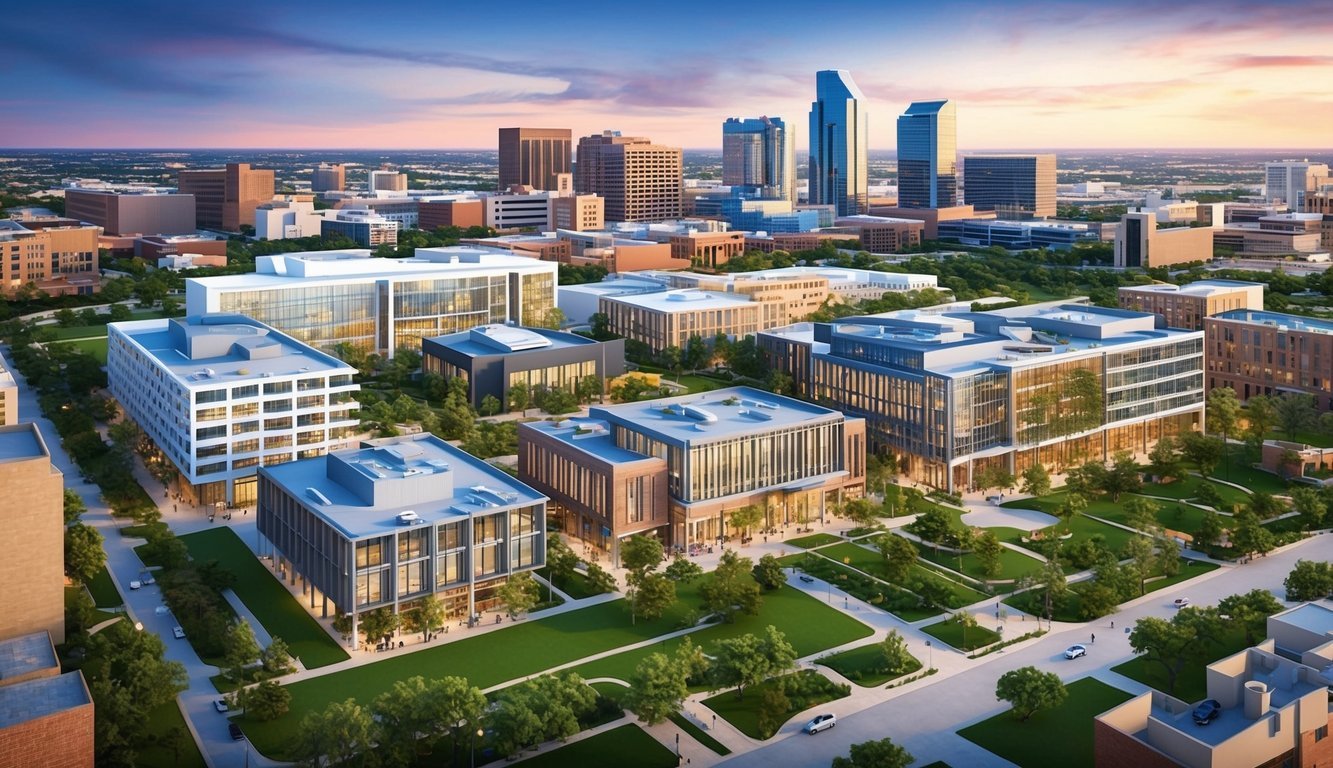 A bustling campus with modern buildings and green spaces, surrounded by the vibrant city of San Antonio, Texas