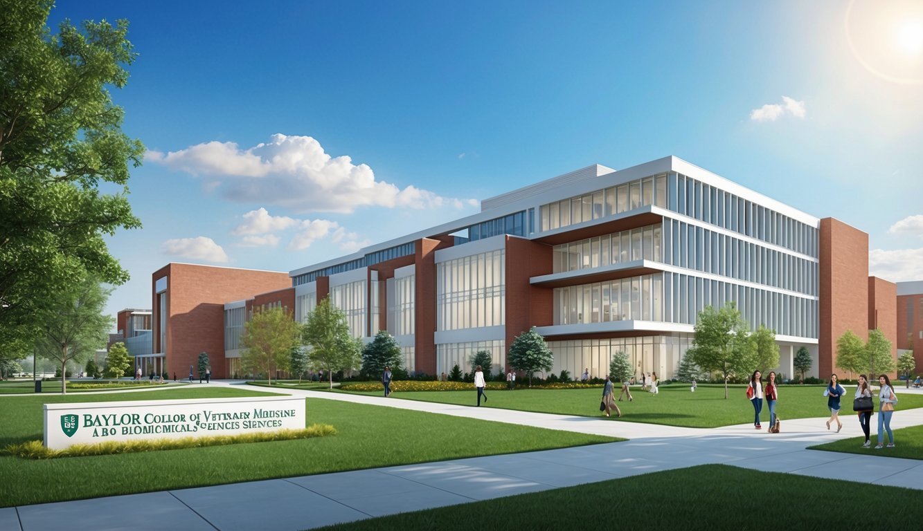 A sunny campus with modern buildings and greenery, featuring the Baylor College of Veterinary Medicine and Biomedical Sciences