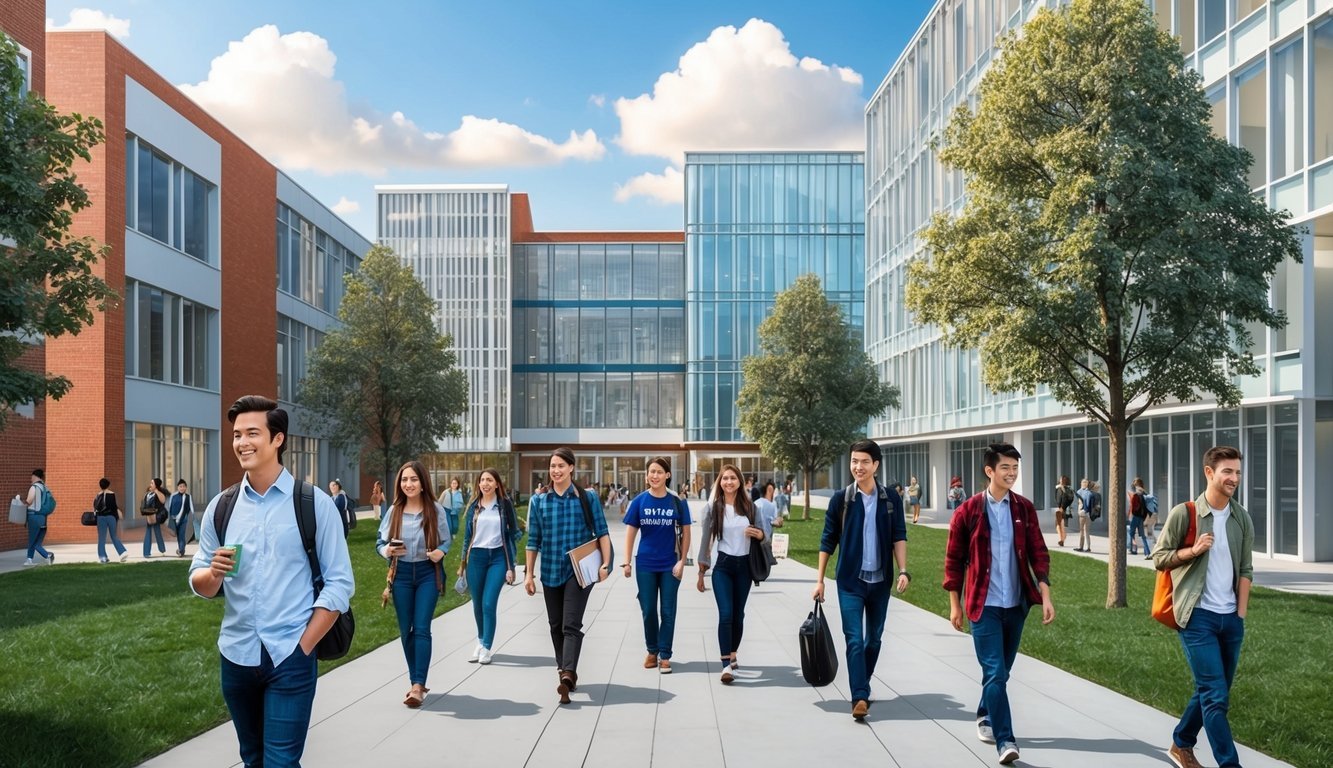 A bustling campus with modern buildings and students walking to and from classes