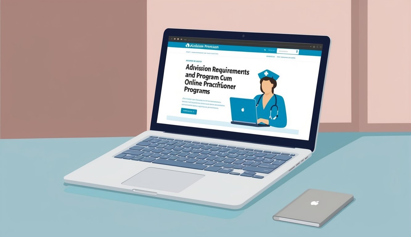 A laptop open to a webpage displaying "Admission Requirements and Program Curriculum" for online nurse practitioner programs