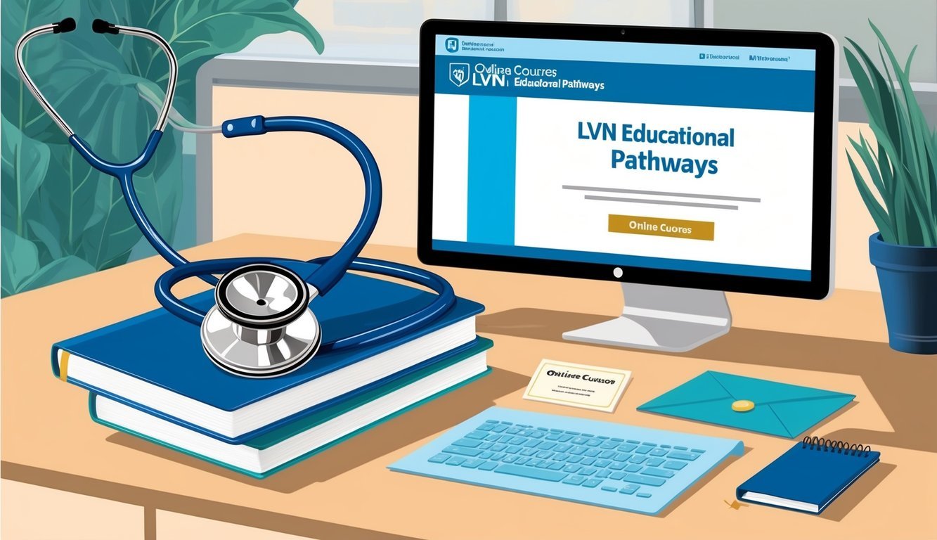 A stethoscope, textbooks, and a diploma on a desk next to a computer with online courses for LVN educational pathways