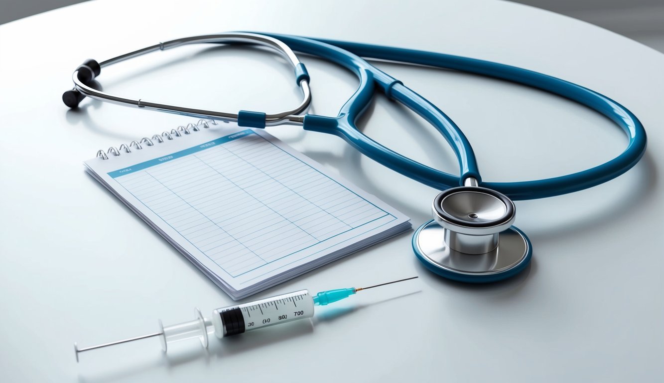 A stethoscope, medical chart, and syringe arranged on a clean, white table