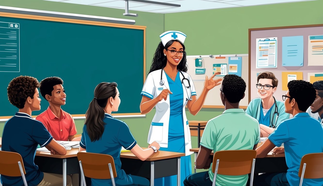 A nurse teaching a group of students in a hospital classroom