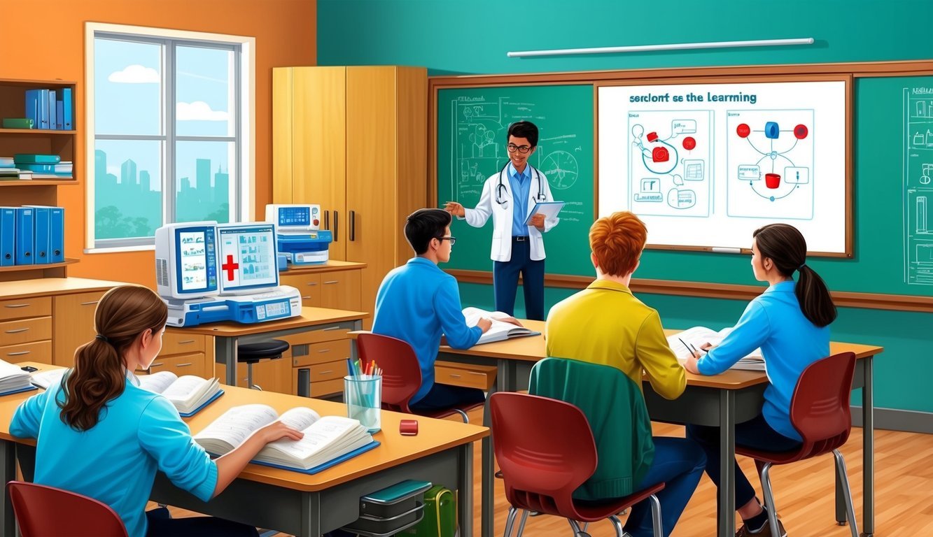A classroom with medical equipment and textbooks, a whiteboard with diagrams, and students engaged in learning
