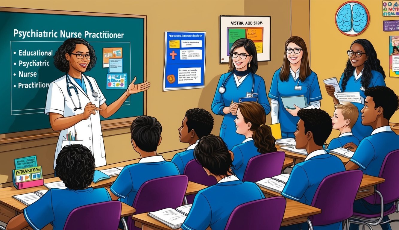 A psychiatric nurse practitioner teaching a group of students in a classroom setting, with visual aids and educational materials on display