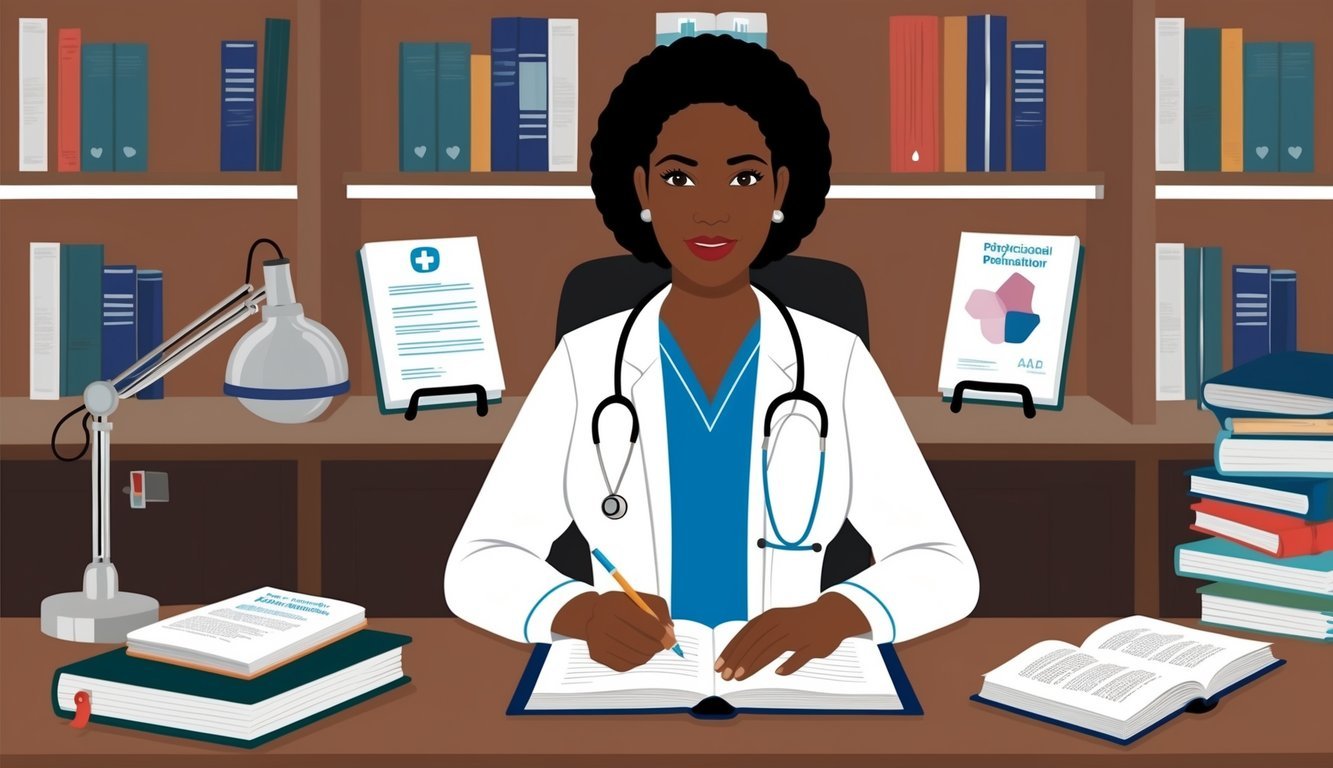 A psychiatric nurse practitioner studying for licensure and certification at a desk with books and medical journals
