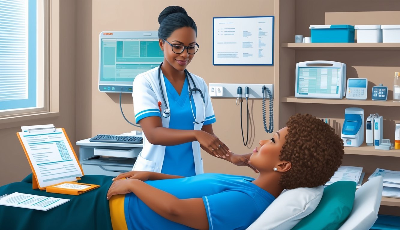 A psychiatric nurse practitioner conducting therapy with a patient in a clinical setting, surrounded by medical equipment and documentation