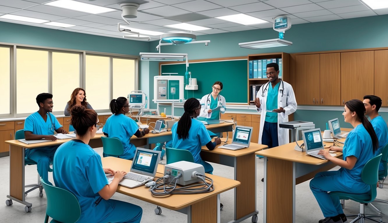 A classroom setting with medical equipment and students in a clinical training program