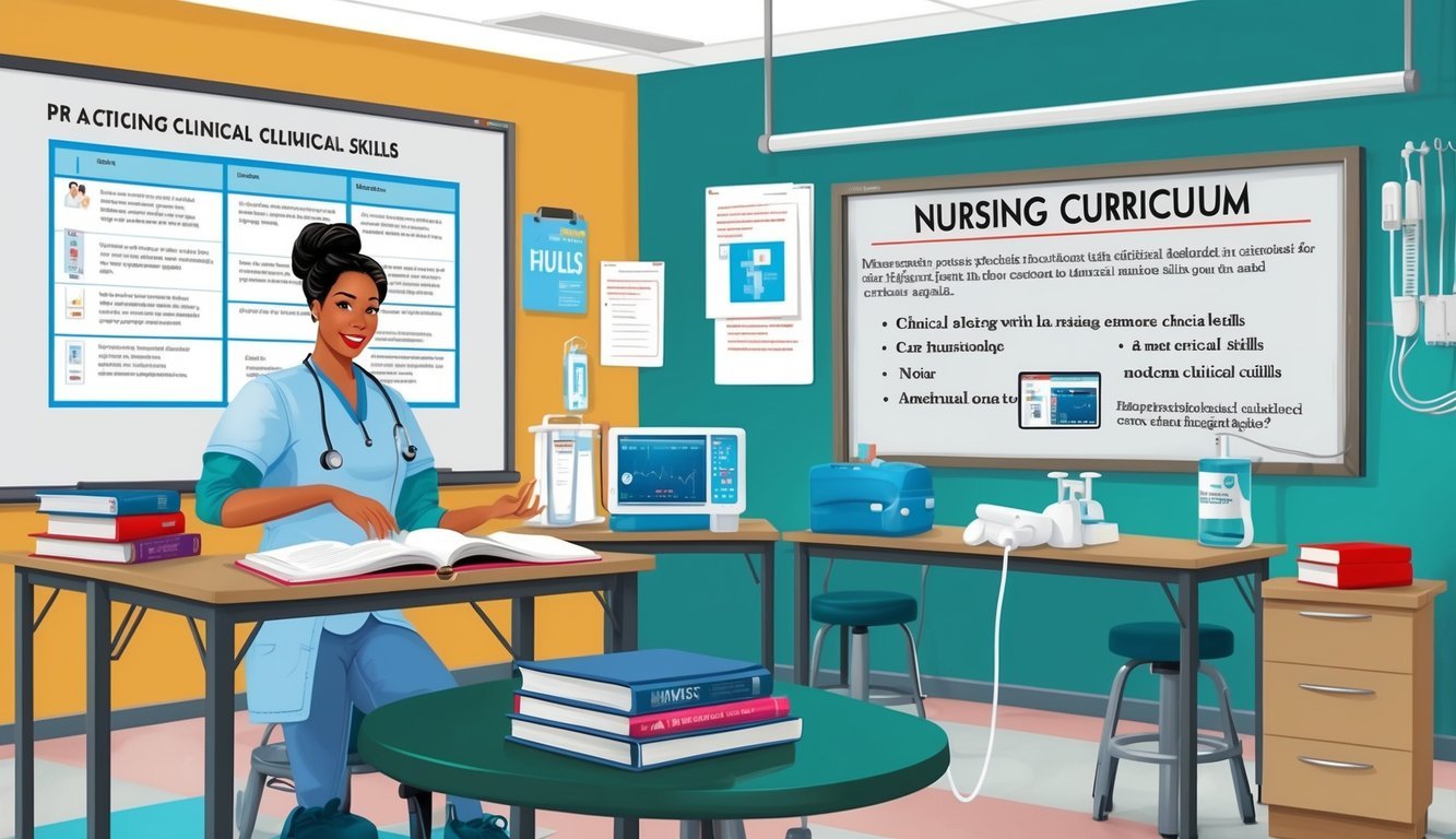 A classroom with textbooks, medical equipment, and a whiteboard showing a nursing curriculum.</p><p>A student practices clinical skills in a hospital setting