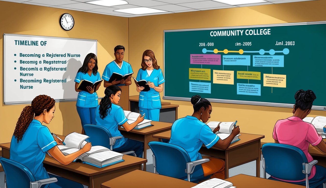 A classroom setting at a community college, with students studying nursing textbooks and taking notes.</p><p>A whiteboard displays a timeline of becoming a registered nurse
