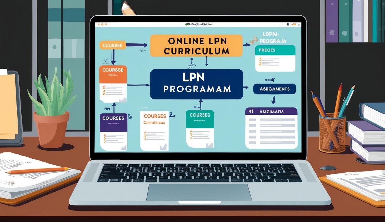 A laptop displaying an online LPN program curriculum with various courses and assignments