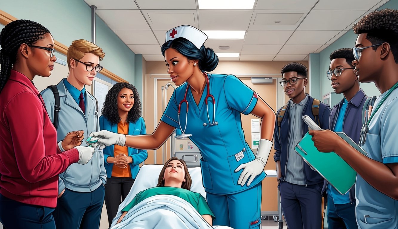 A nurse in scrubs demonstrates a procedure to a group of students in a hospital setting