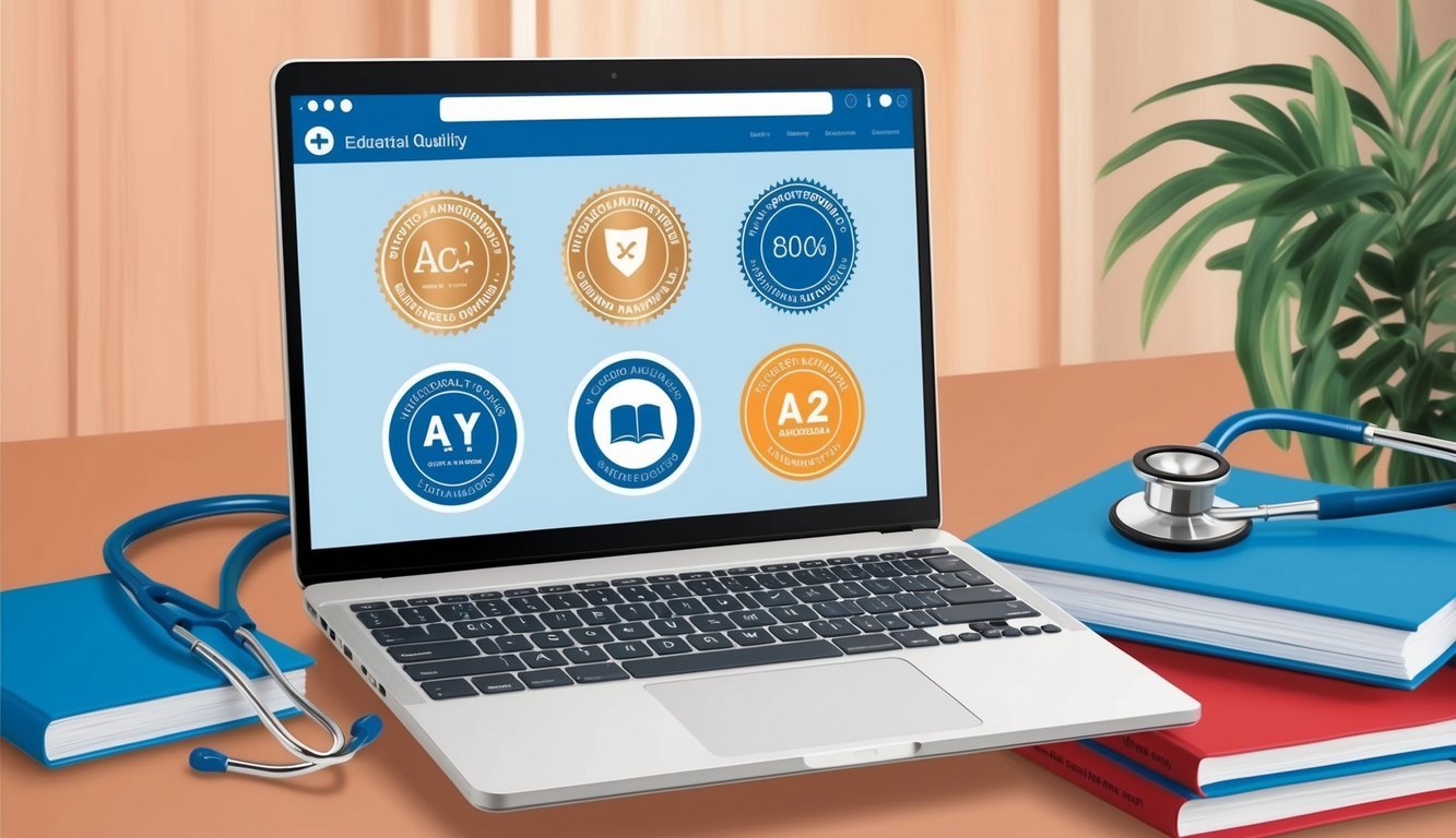 A laptop displaying accreditation badges and educational quality symbols next to a stethoscope and nursing textbooks