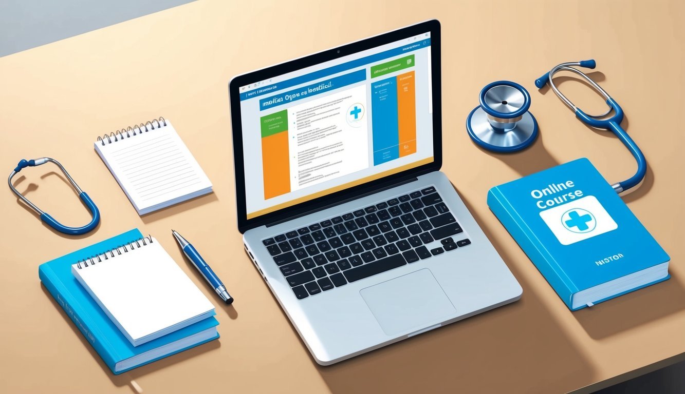 A laptop open on a desk with medical textbooks, stethoscope, and a notepad.</p><p>Online course materials displayed on the screen