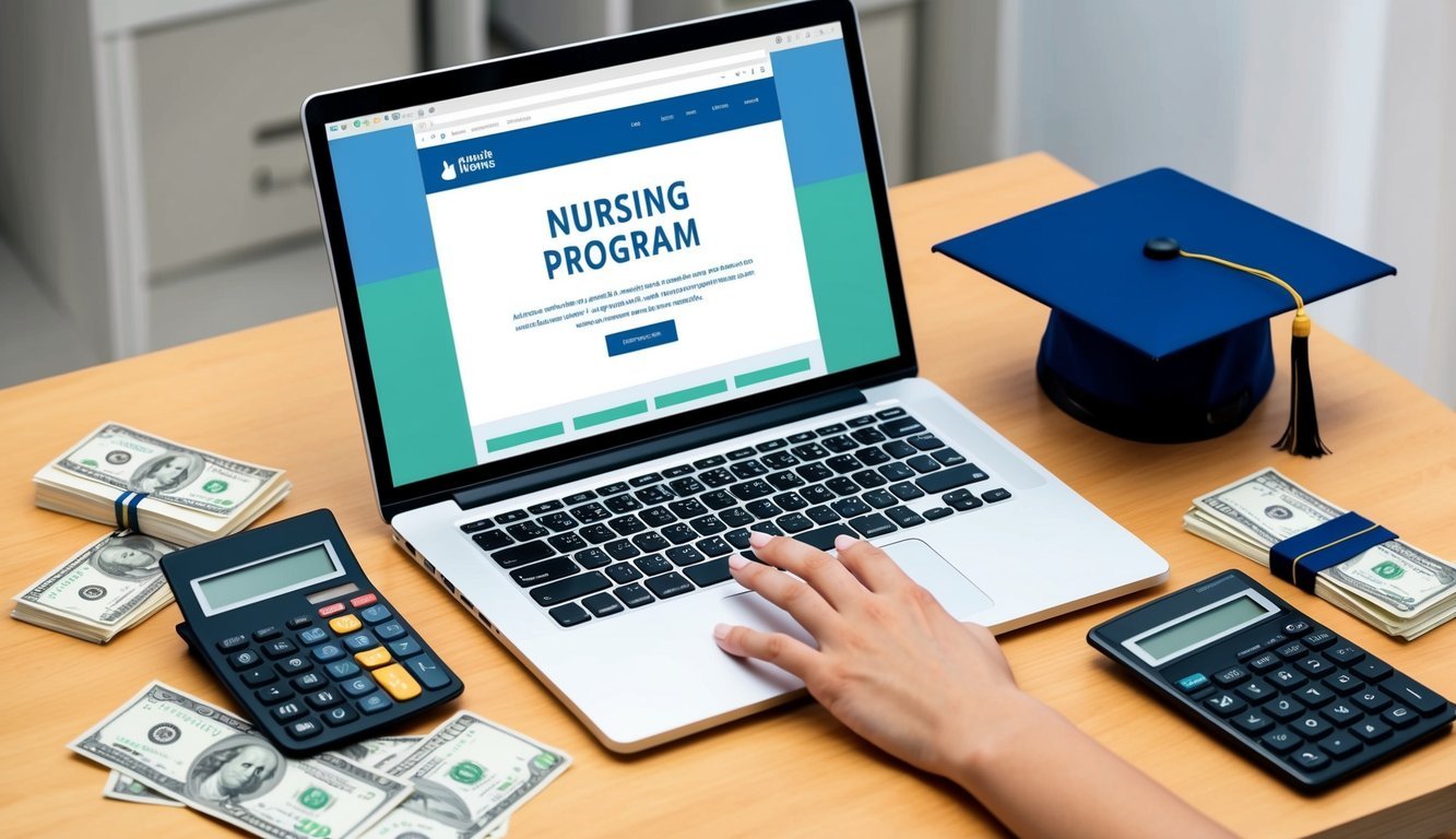 A laptop open on a desk with a calculator, money, and a graduation cap.</p><p>A hand reaching out to a computer screen showing a nursing program website