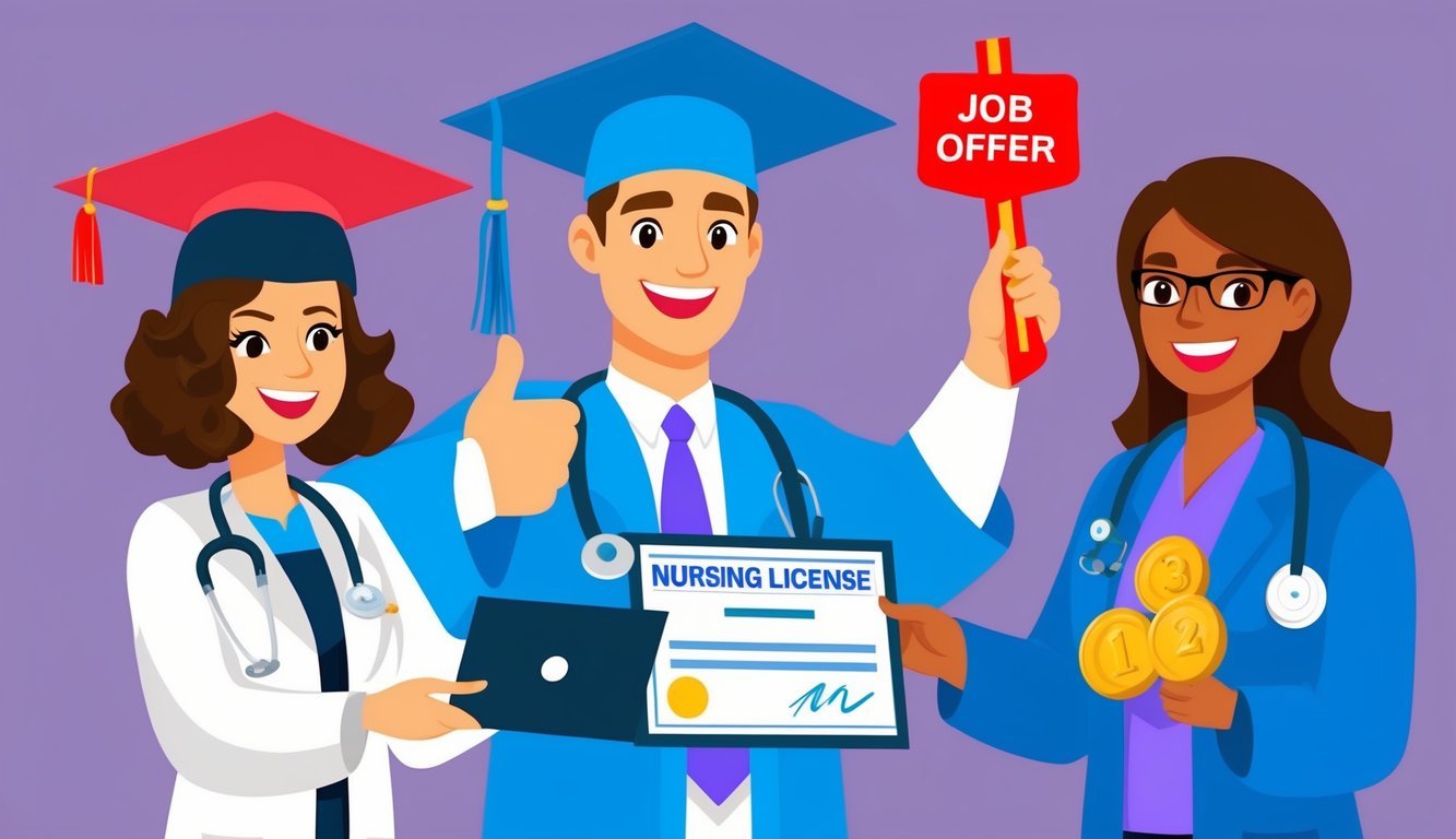 A nursing graduate receiving their license and a job offer