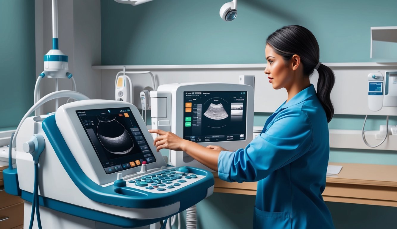 An ultrasound machine in a hospital setting with a technician operating it