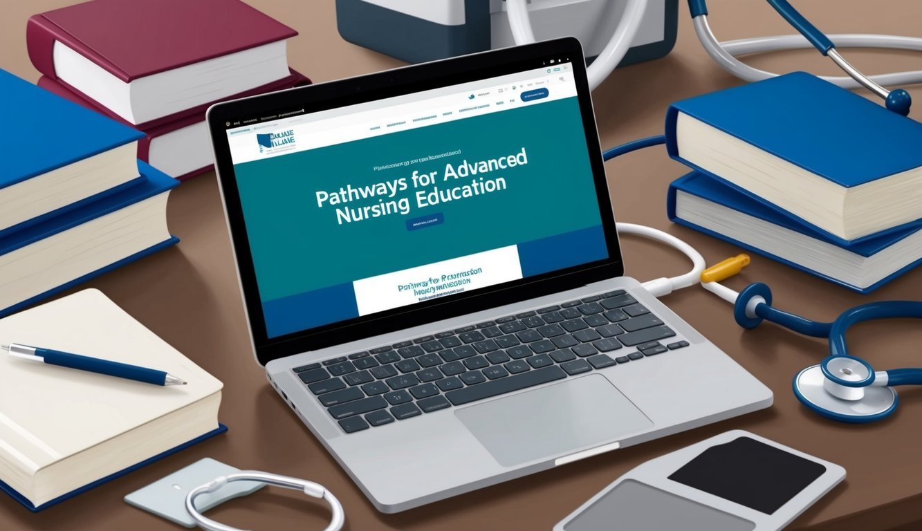 A laptop with an open browser displaying the Pathways for Advanced Nursing Education website, surrounded by books and medical equipment