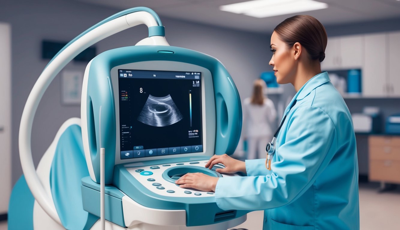 An ultrasound machine with a technician operating it in a medical facility